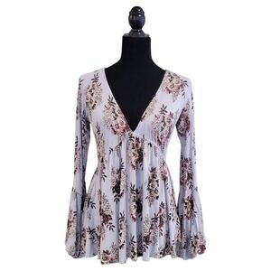 Free People Floral V-Neck Blouse with Flared Sleeves Size S